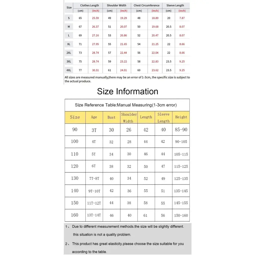 Size chart for solo leveling sung jin-woo crewneck t-shirt cotton unisex showing measurements in inches from s to 4xl