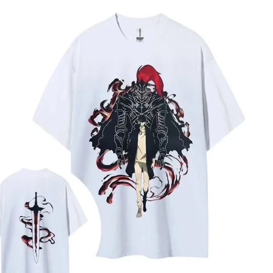 White cotton solo leveling crewneck t-shirt featuring red-haired anime character sung jin-woo with black armor design