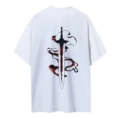 White cotton unisex solo leveling crewneck t-shirt with bold black and red sword graphic and swirling ink design