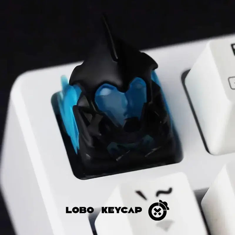 Black and translucent blue resin replaceable solo leveling sung jin-woo esc keycap with stylized angular helmet design