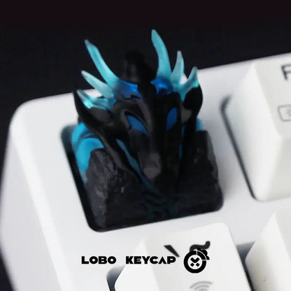 Black and blue resin esc keycap with glowing turquoise spikes for solo leveling sung mechanical keyboard replacement