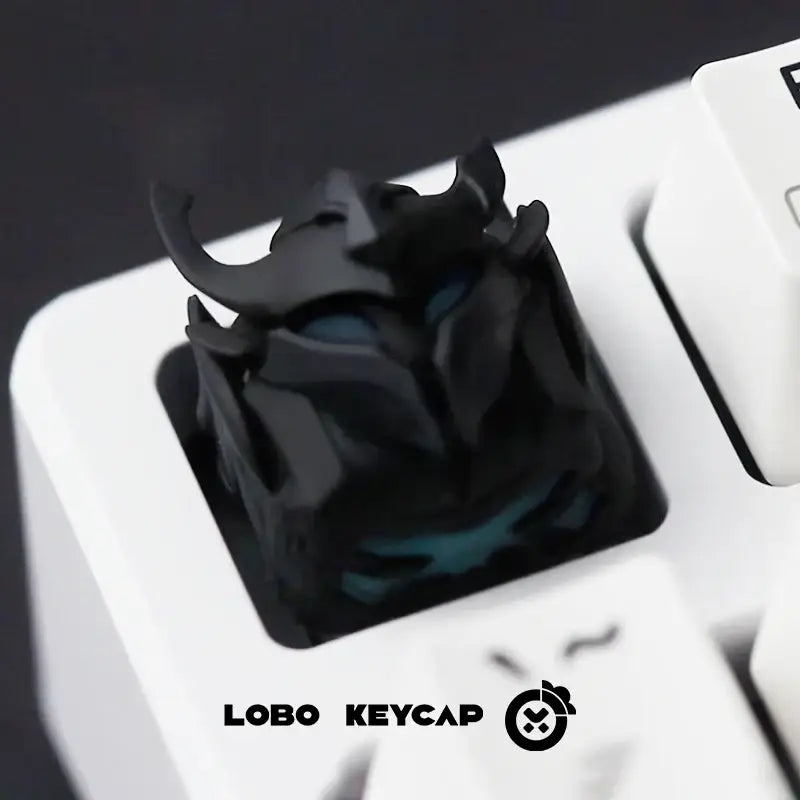 Black glossy resin esc keycap with teal accents featuring a detailed horned warrior solo leveling sung design for mechanical keyboard