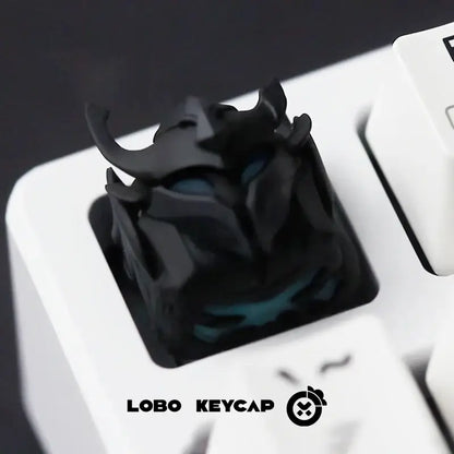 Black glossy resin esc keycap with teal accents featuring a detailed horned warrior solo leveling sung design for mechanical keyboard