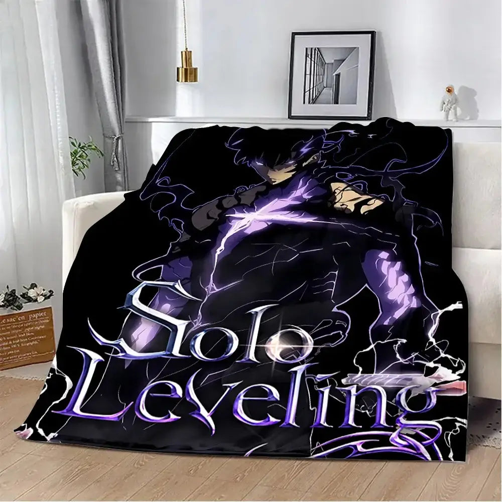 Black solo leveling flannel blanket with vibrant purple and white 3d anime print featuring seng jin-woo text