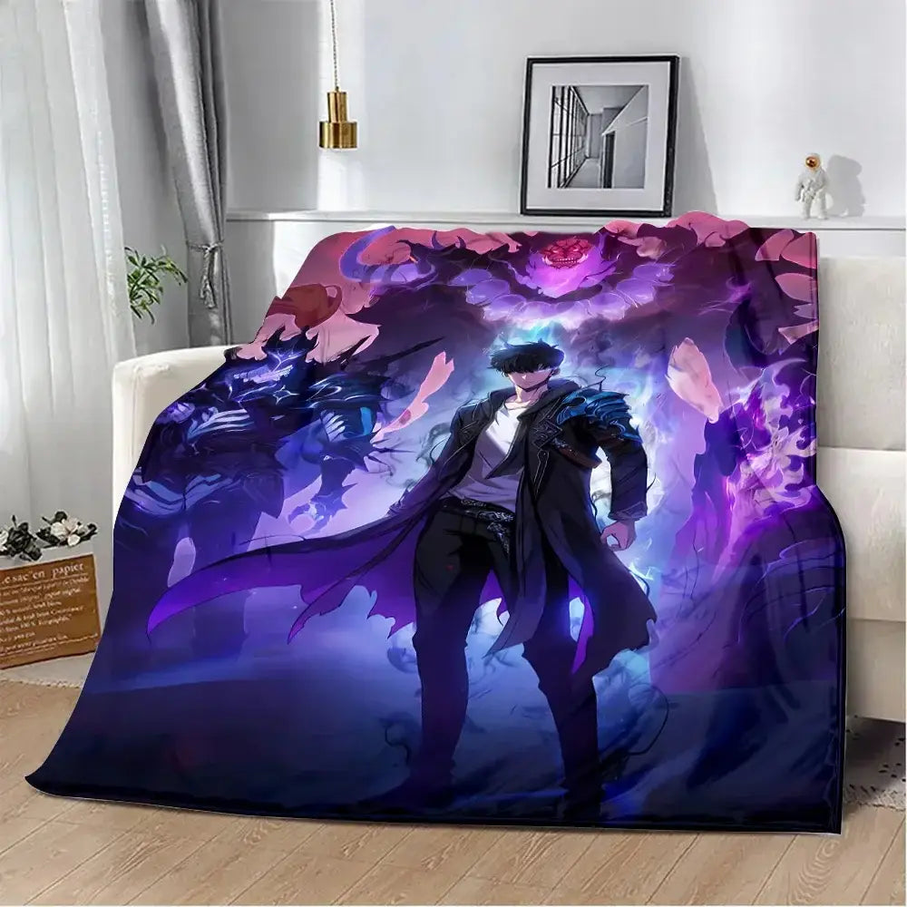 Solo leveling flannel blanket featuring a vibrant purple and blue 3d print with sung jin-woo in a black coat