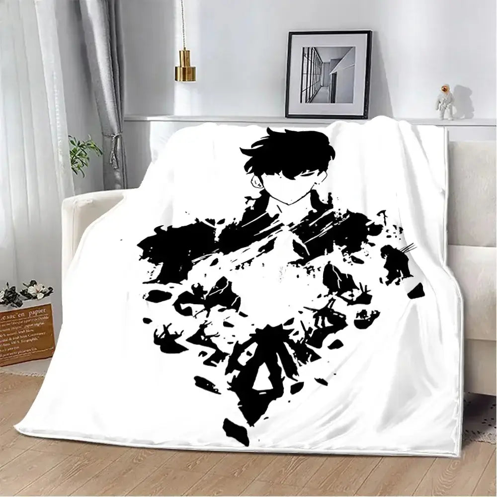 White solo leveling flannel blanket featuring bold black anime-style spiky hair character with dynamic fragmented design