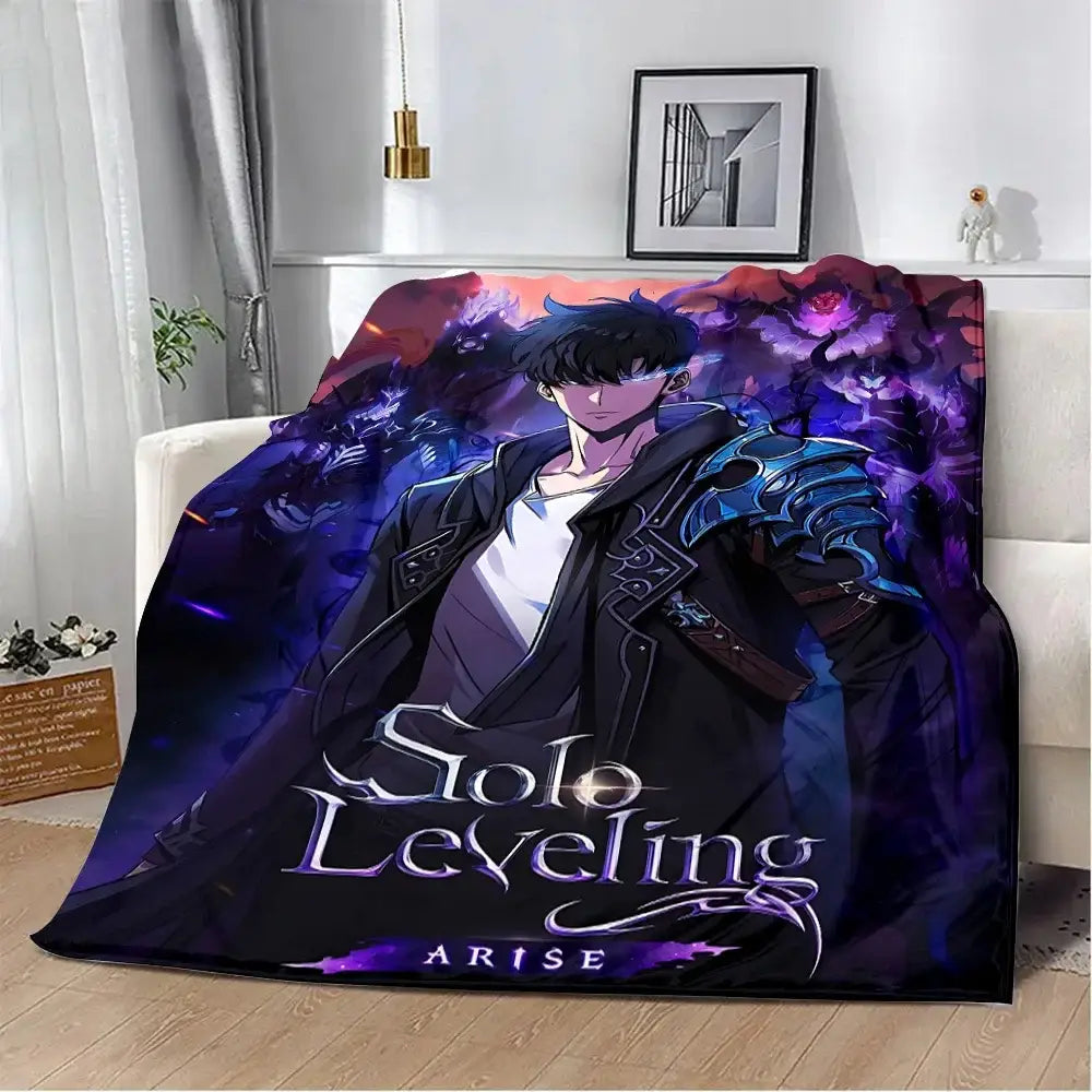 Purple and black solo leveling flannel blanket featuring a 3D print of an anime character in blue armor