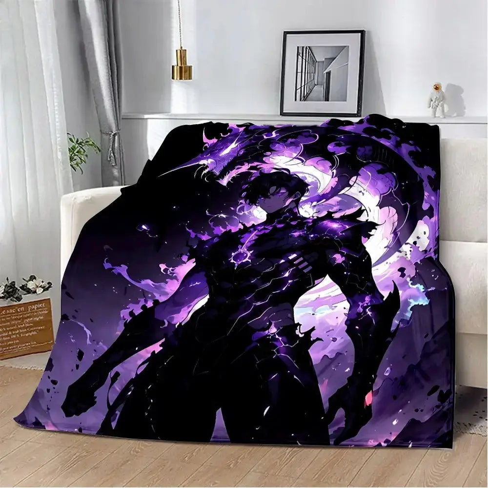 Solo leveling purple and black flannel blanket with dynamic anime character design and swirling energy effects