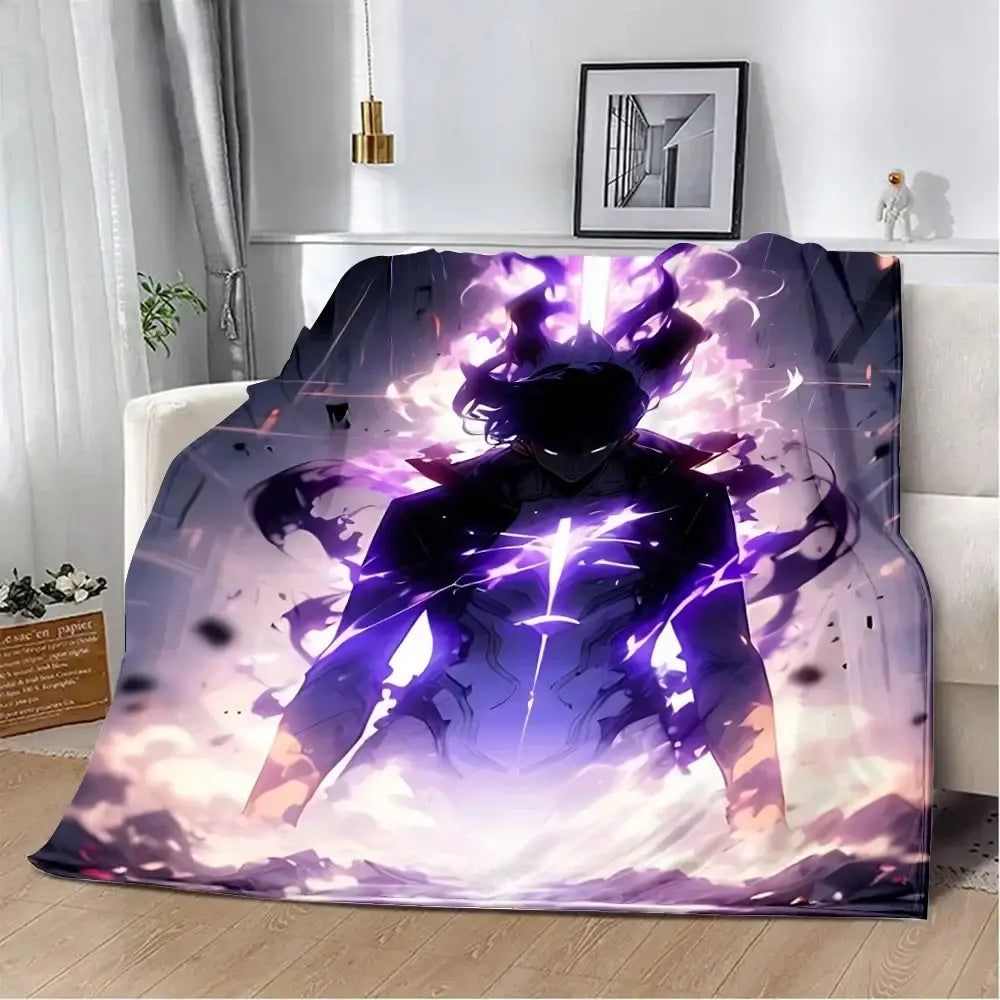 Solo leveling purple and black flannel blanket with 3d print featuring dynamic character and glowing energy effects