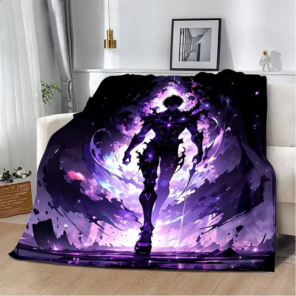 Solo leveling purple flannel blanket with black anime design and glowing cosmic effects featuring sung jin-woo