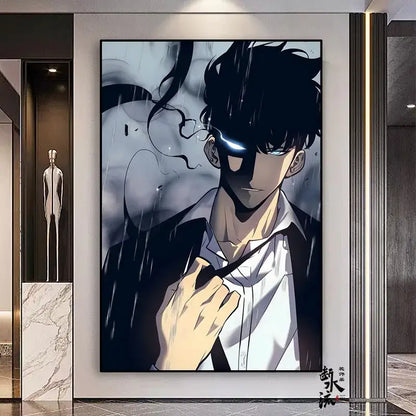 Black and white solo leveling sung jin-woo frameless canvas featuring a rain-soaked character with glowing blue eyes in multiple sizes