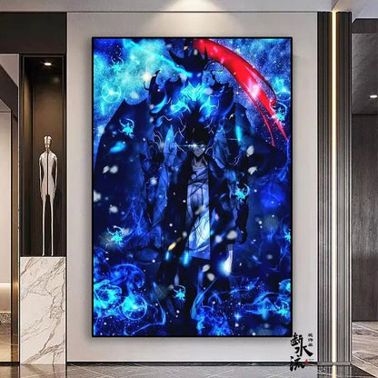 Vibrant blue and red solo leveling anime character mural on frameless canvas available in multiple sizes with glowing effects
