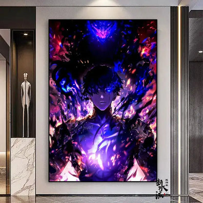 Vibrant solo leveling sung jin-woo frameless canvas print with dynamic blue purple and red energy effects in multiple sizes
