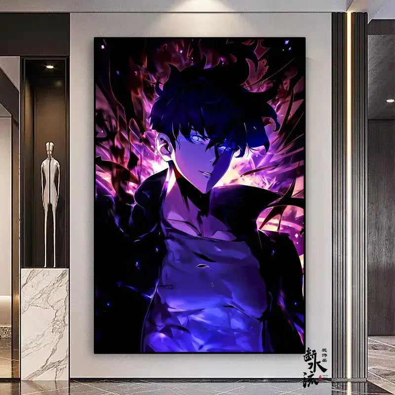Solo leveling sung jin-woo frameless canvas with vibrant anime character dark hair glowing blue eyes multiple sizes available