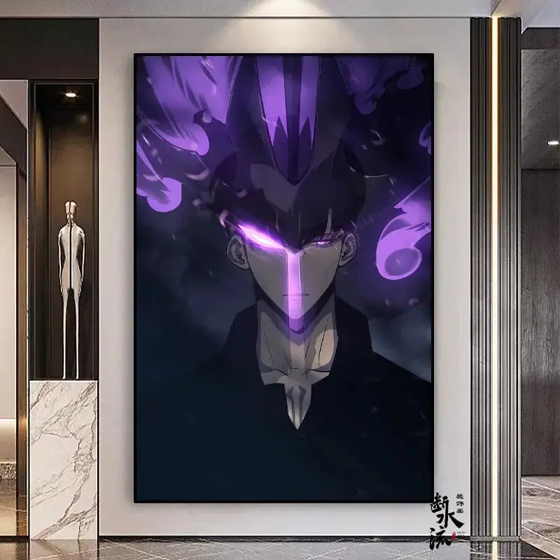 Striking solo leveling frameless canvas of sung jin-woo with glowing purple eyes on purplish-black background in multiple sizes
