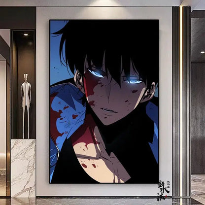 Solo leveling sung jin-woo black and blue anime portrait frameless canvas with glowing eyes and bloodstains in multiple sizes