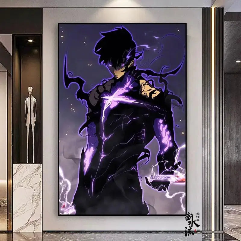 A framed solo leveling sung jin-woo anime wall art with black and purple armor and glowing lightning on a frameless canvas in multiple sizes