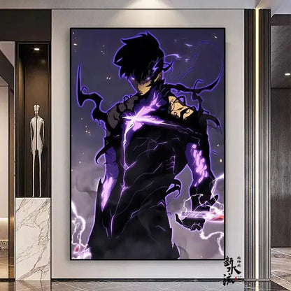A framed solo leveling sung jin-woo anime wall art with black and purple armor and glowing lightning on a frameless canvas in multiple sizes