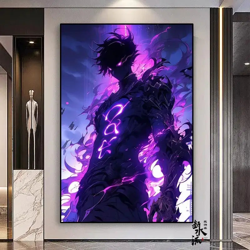 Vibrant purple and black solo leveling frameless canvas featuring glowing anime character available in multiple sizes