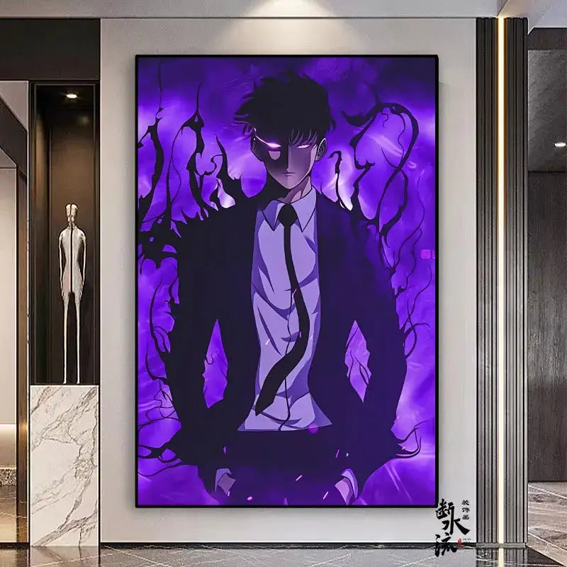 Striking purple solo leveling sung jin-woo frameless canvas with glowing eyes and black tendrils available in multiple sizes