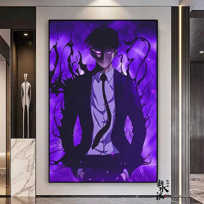 Striking purple solo leveling sung jin-woo frameless canvas with glowing eyes and black tendrils available in multiple sizes