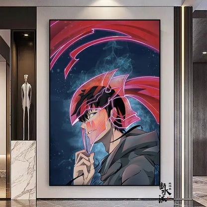 Solo leveling frameless canvas featuring a red and black helmet character with glowing pink accents in multiple sizes