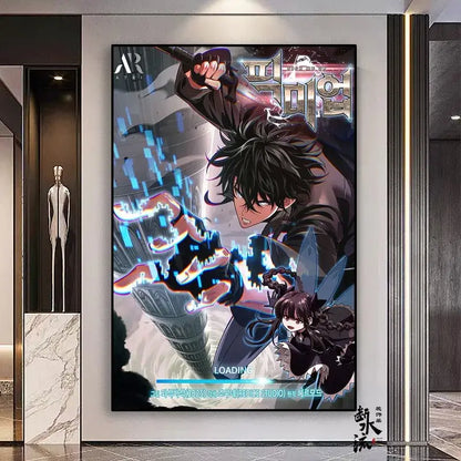 Vibrant solo leveling frameless canvas featuring black-haired male with blue energy and female character in multiple sizes