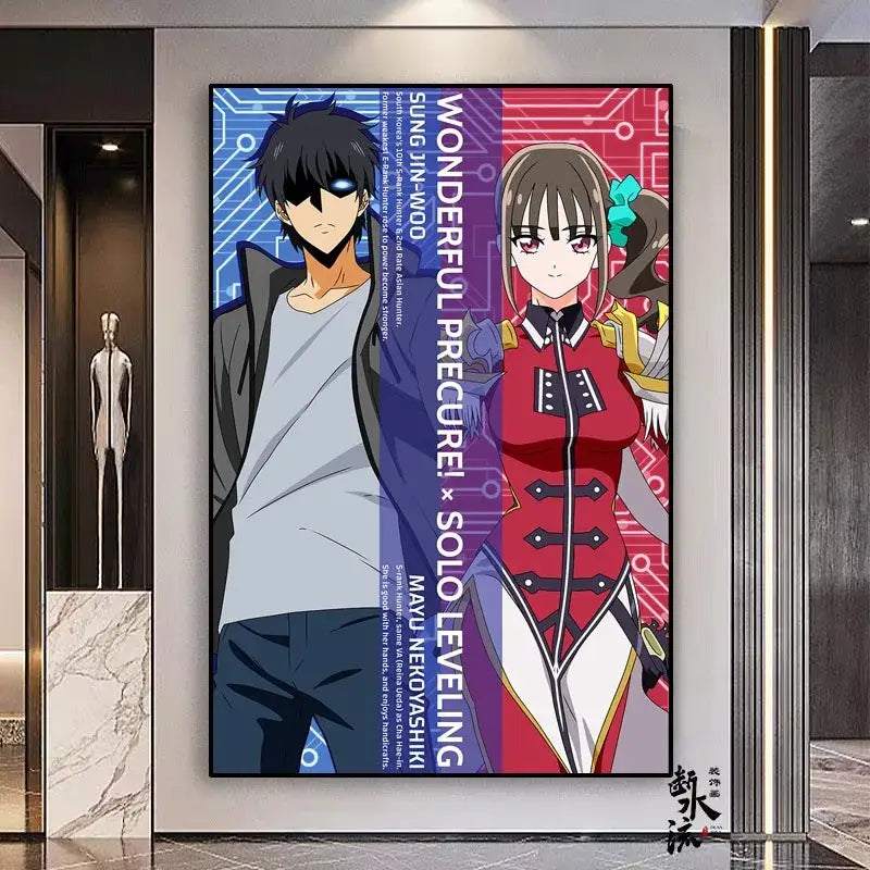 Vibrant solo leveling frameless canvas featuring anime characters against blue and red circuit board background in multiple sizes