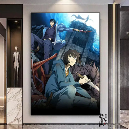 Anime-style solo leveling sung jin-woo frameless canvas poster with dark blue underwater setting in multiple sizes