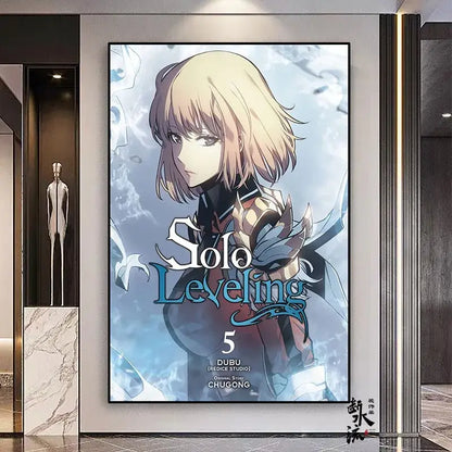 A solo leveling framed poster with blonde anime character and stylized title on frameless canvas in multiple sizes