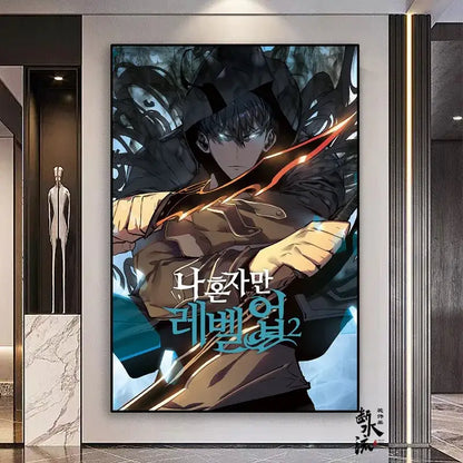 A framed solo leveling sung jin-woo anime poster with glowing red sword on a frameless canvas in multiple sizes
