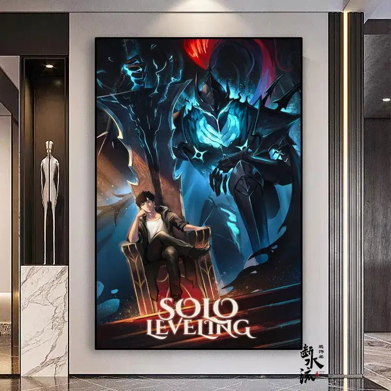 Solo leveling framed canvas featuring sung jin-woo on a throne with glowing blue and red demons in multiple sizes