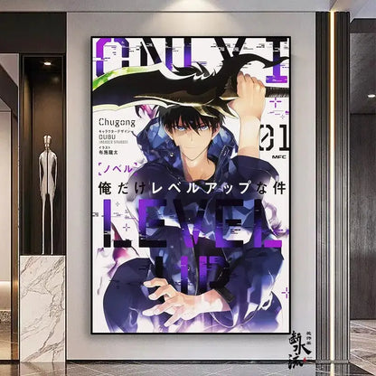 A framed solo leveling poster of sung jin-woo in a dark blue jacket with glowing purple text on frameless canvas multiple sizes