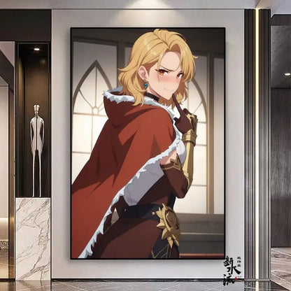 A framed anime portrait of a blonde character in a red cape with gold armor accents on a frameless canvas in multiple sizes