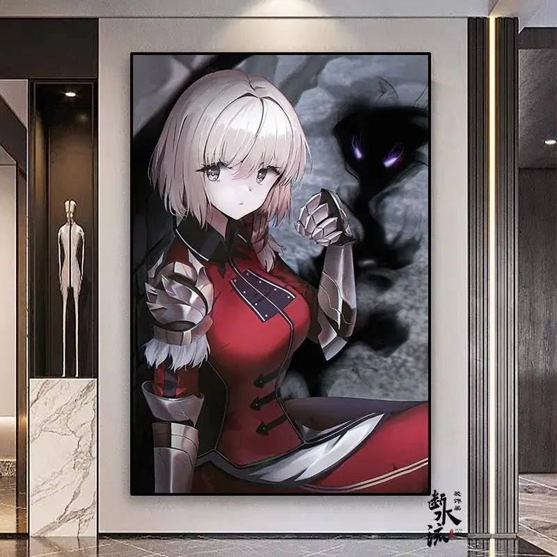 A solo leveling frameless canvas featuring a blonde anime character in red armor with a shadowy figure in multiple sizes