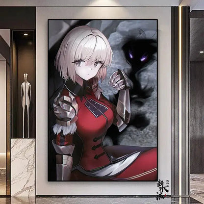 A solo leveling frameless canvas featuring a blonde anime character in red armor with a shadowy figure in multiple sizes