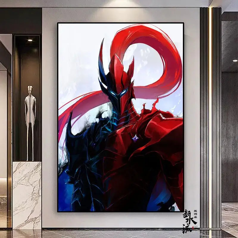 A striking red and black solo leveling sung jin-woo frameless canvas with glowing blue eyes in multiple sizes