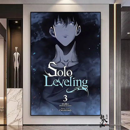 A framed solo leveling anime poster on a frameless canvas with dark moody design and teal lettering in multiple sizes