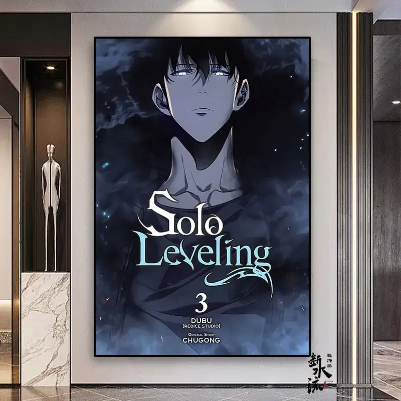 Framed solo leveling anime poster with dark illustration and glowing eyes on a frameless canvas available in multiple sizes
