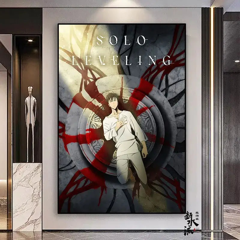 A solo leveling solo leveling anime poster featuring a central character in white on a frameless canvas in multiple sizes