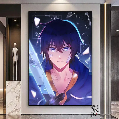 Solo leveling sung jin-woo frameless canvas featuring a vibrant anime portrait with glowing eyes in multiple sizes