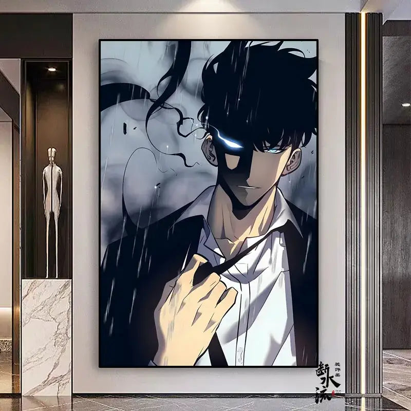 Black and white anime-style solo leveling sung jin-woo frameless canvas with glowing blue eyes available in multiple sizes