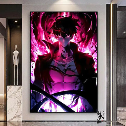 Vibrant solo leveling sung jin-woo anime framed poster on frameless canvas with swirling pink purple energy available in multiple sizes