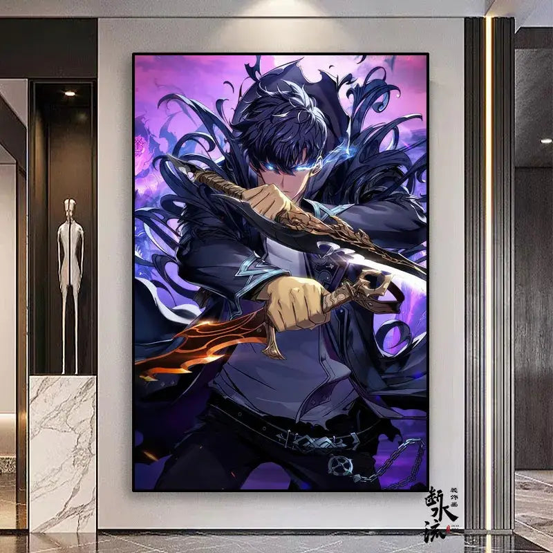 Vibrant purple and black solo leveling sung jin-woo frameless canvas poster with glowing sword available in multiple sizes