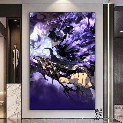 Vibrant purple and black solo leveling sung jin-woo anime frameless canvas artwork available in multiple sizes