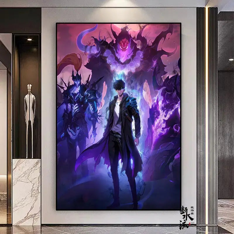 Vibrant solo leveling sung jin-woo frameless canvas wall art with dark protagonist and glowing purple blue demons in multiple sizes