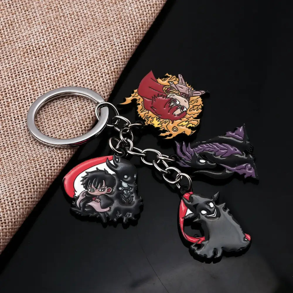 A metallic solo leveling sung jin keychain pendant with colorful enamel demon slayer charms and a short blade design