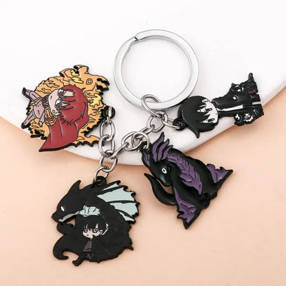 Silver sung jin keychain pendant with short blade charm and anime character charms in black purple and red enamel
