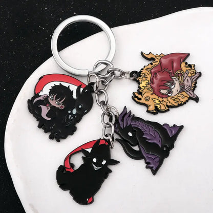 Silver keychain pendant featuring four colorful enamel anime charms from solo leveling sung jin woo short blade design