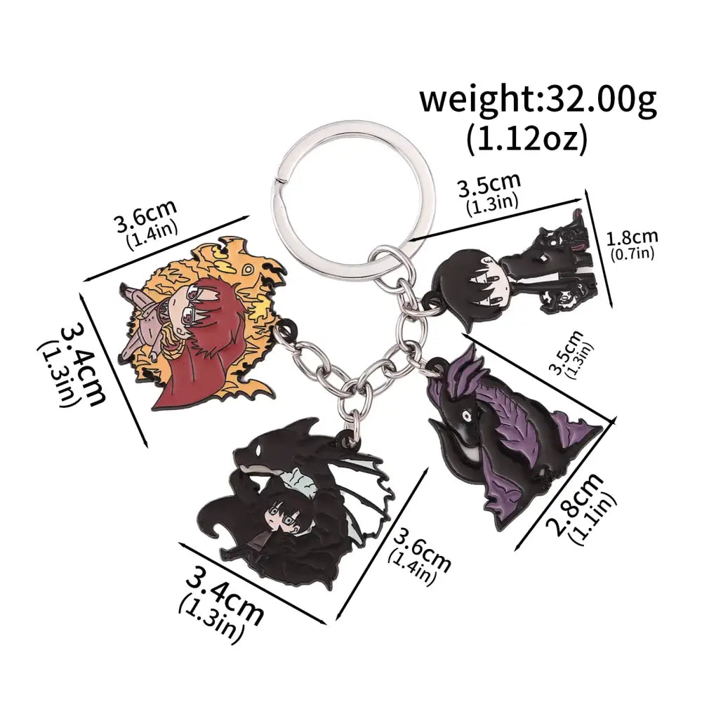 Silver solo leveling keychain featuring four enamel anime character charms in black red and purple for sung jin woo collection